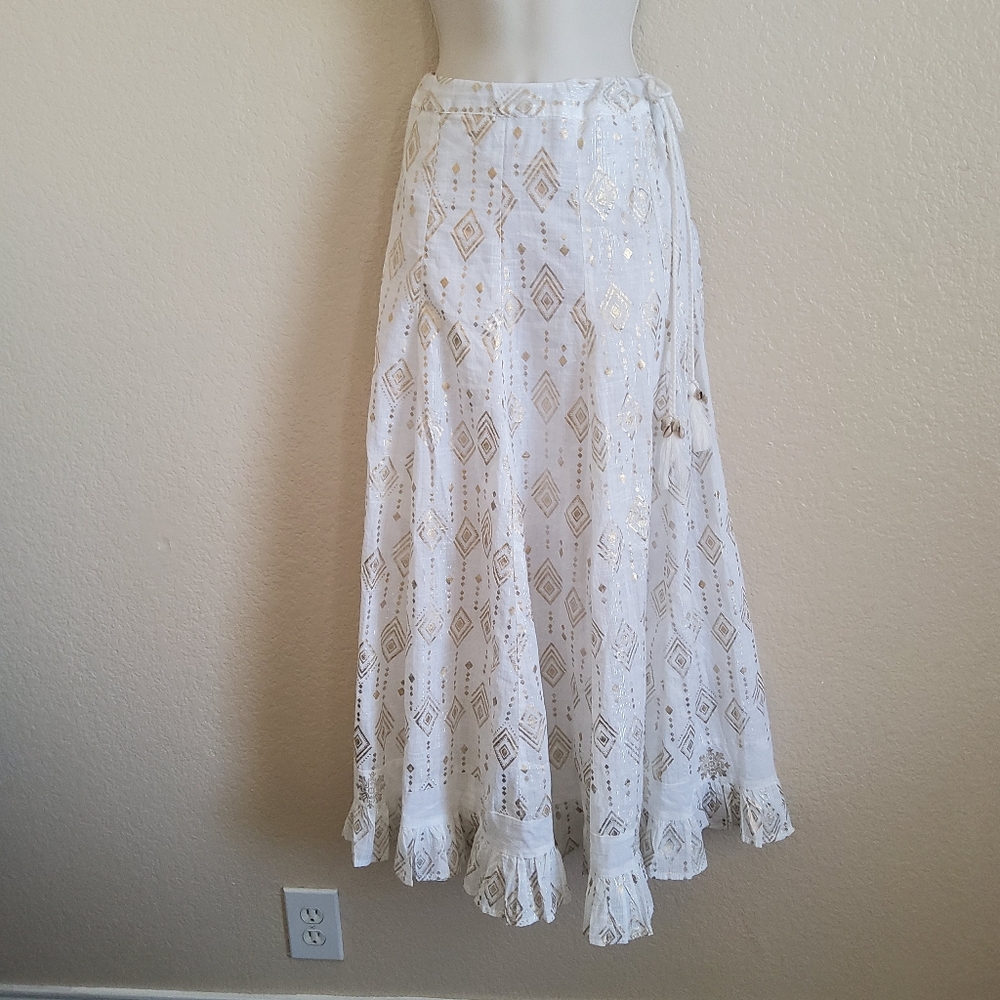 Aqua Swim Ruffle Print Maxi Midi Coverup Skirt Size S Gold White New